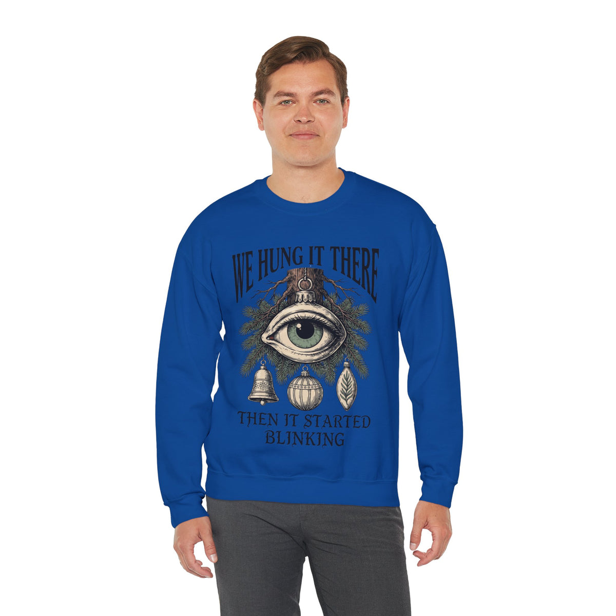 All Seeing Eye Tree Sweatshirt, Creepy Christmas, men's fit model by Bamedys