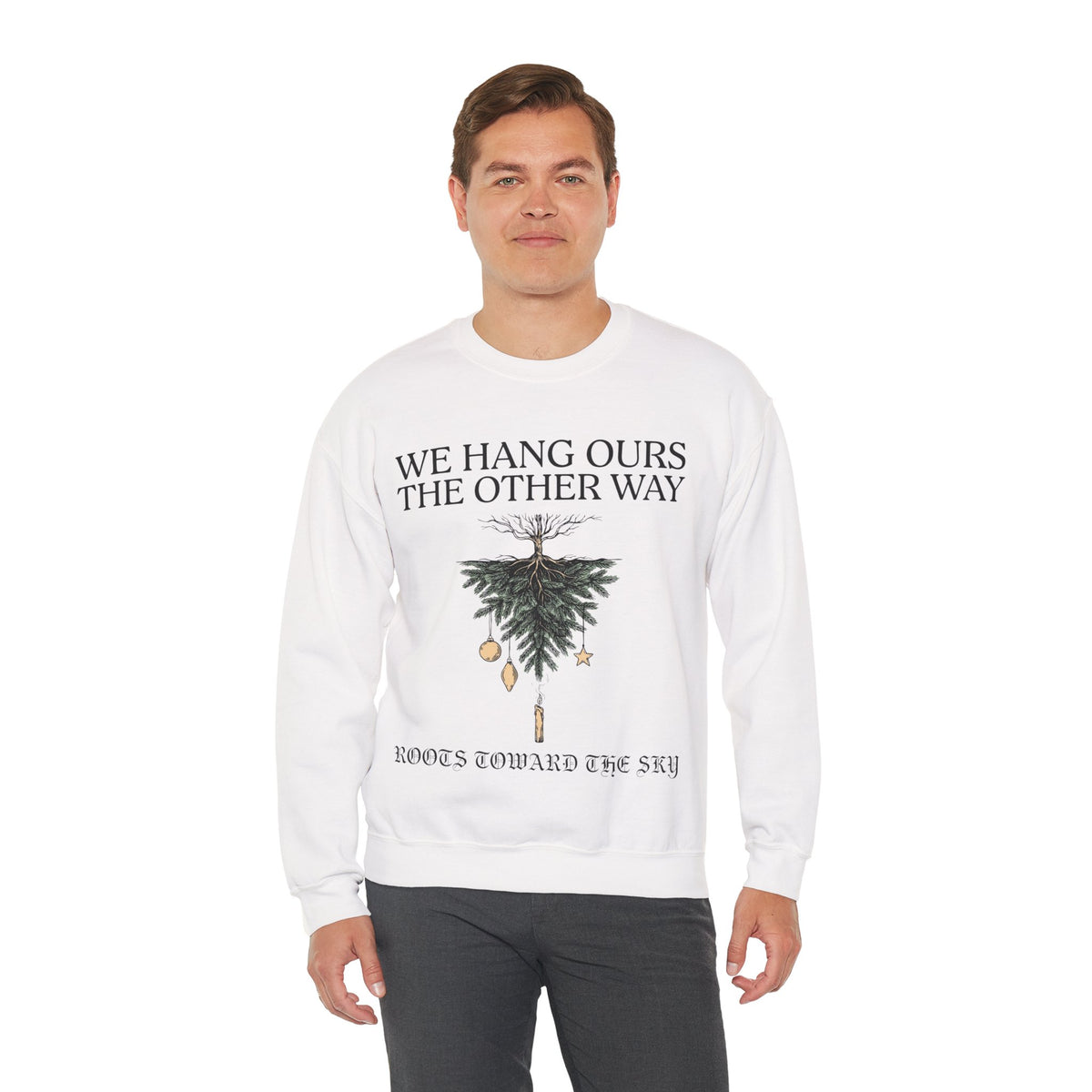 Upside Down Tree Sweatshirt, Goth Christmas, men's fit model by Bamedys