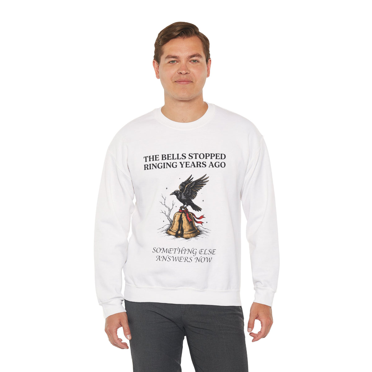 Raven and Sleigh Bell Sweatshirt, Goth Christmas, men's fit model by Bamedys