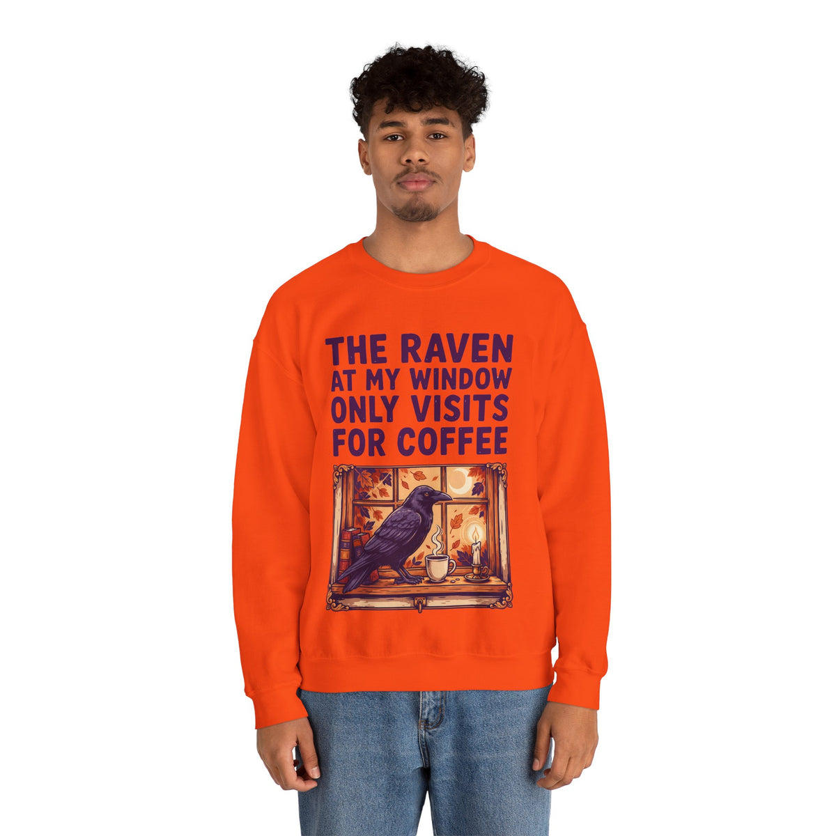 Raven Coffee Sweatshirt, Gothic Crow Halloween Crewneck, men's fit model by Bamedys