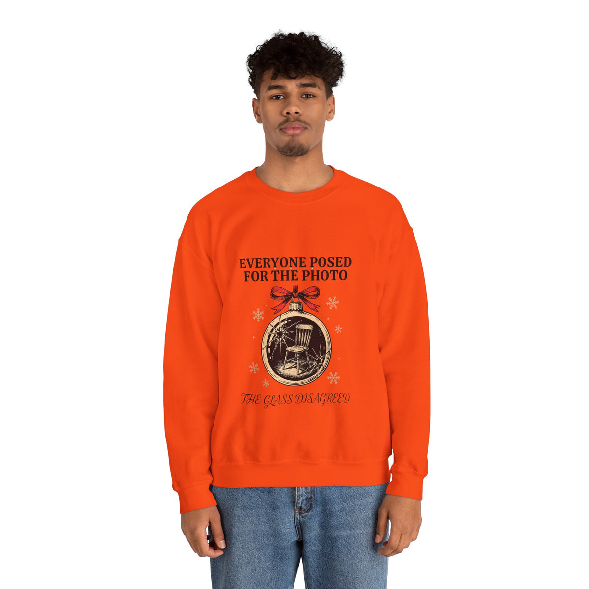 Cracked Ornament Sweatshirt, Goth Christmas, men's fit model by Bamedys