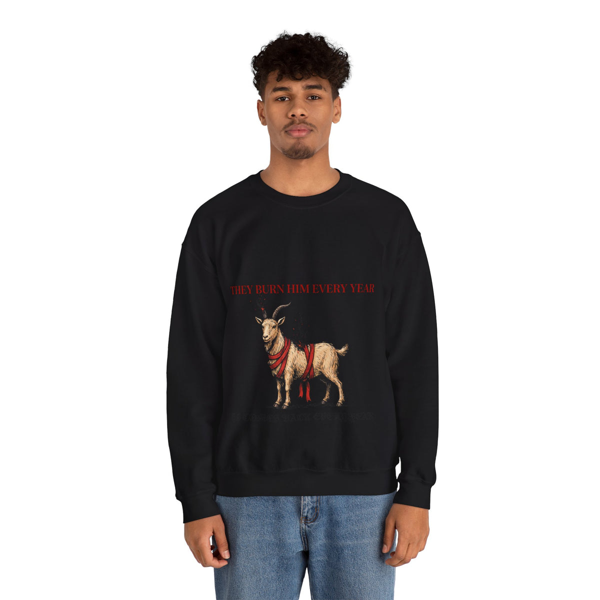 Yule Goat Folklore Sweatshirt, Goth Christmas, men's fit model by Bamedys