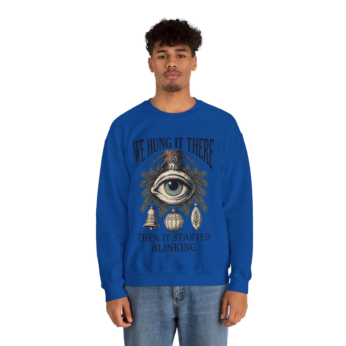 All Seeing Eye Tree Sweatshirt, Creepy Christmas, men's fit model by Bamedys