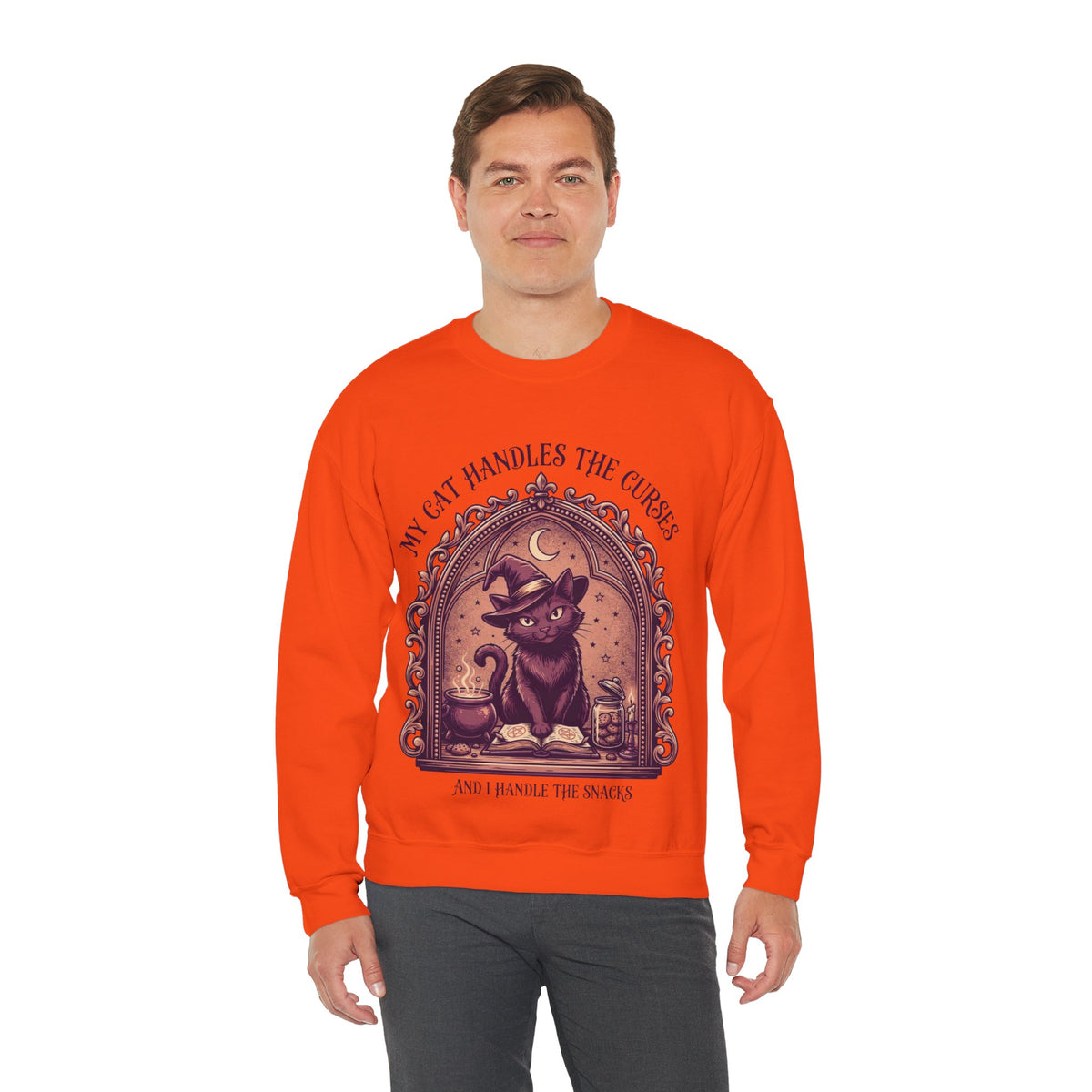Witchy Cat Sweatshirt, Funny Halloween Crewneck, men's fit model by Bamedys