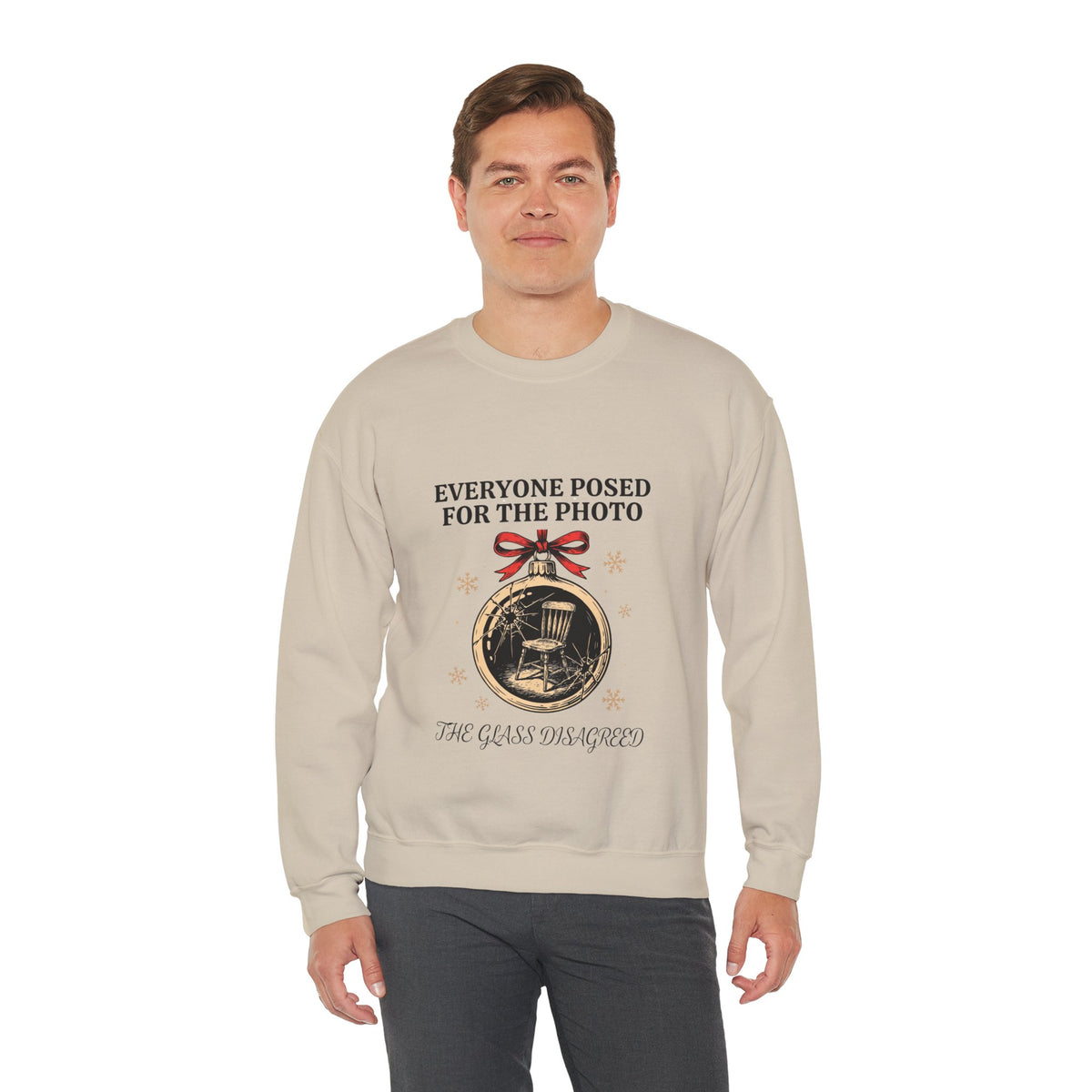 Cracked Ornament Sweatshirt, Goth Christmas, men's fit model by Bamedys
