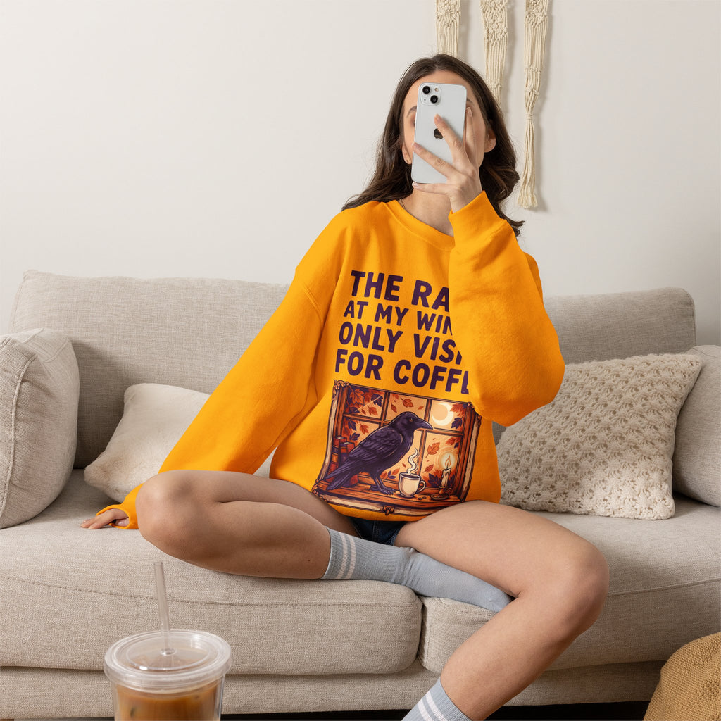Raven Coffee Sweatshirt, Gothic Crow Halloween Crewneck, Fall Bird Gift