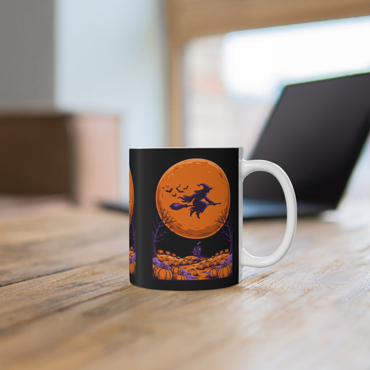 Witch Broom Mug Halloween Full Moon Pumpkin Patch Ceramic Coffee Cup Gift