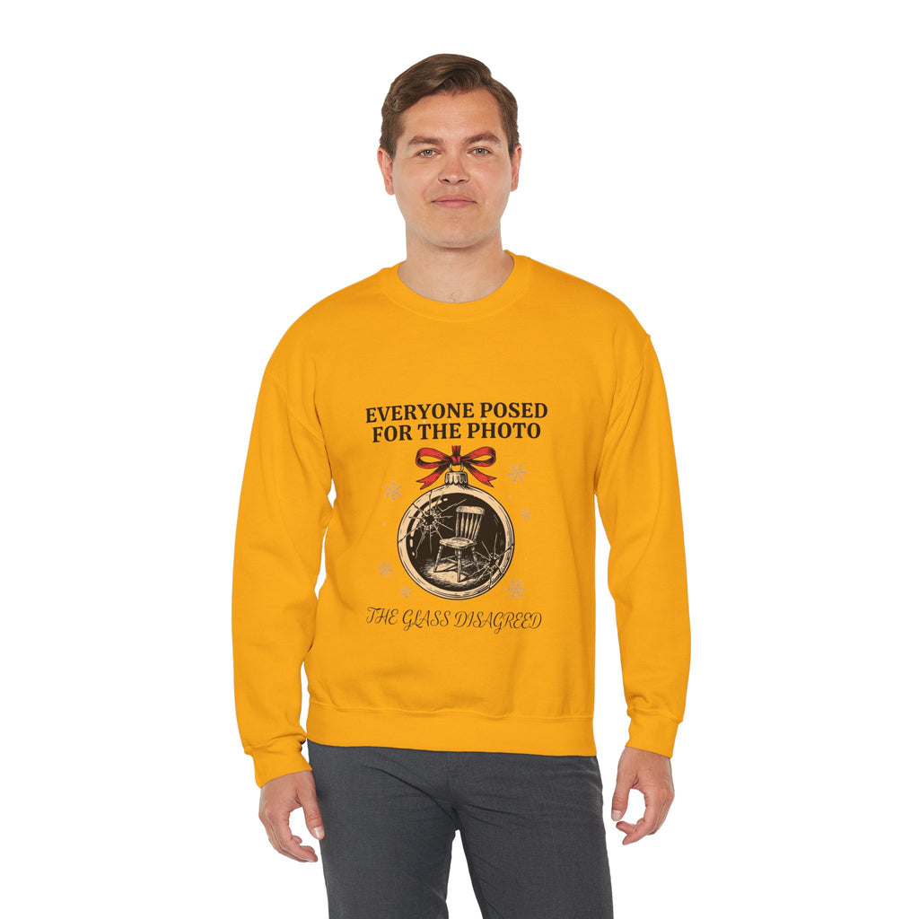 Cracked Ornament Sweatshirt, Goth Christmas, men's fit model by Bamedys