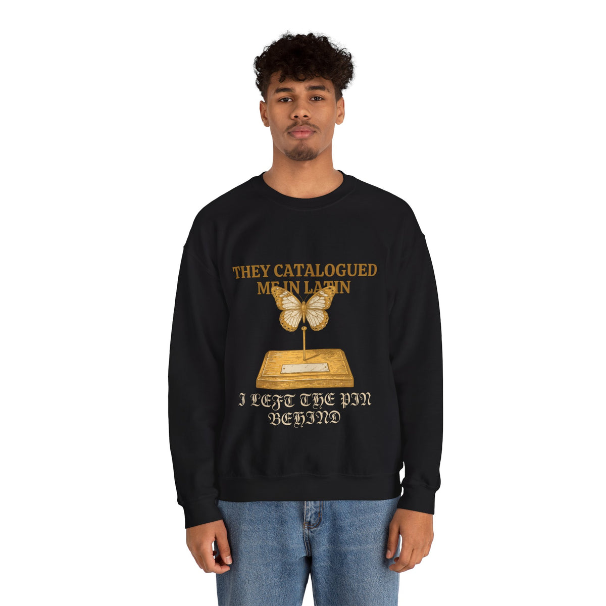 Butterfly Specimen Sweatshirt, Dark Academia, men's fit model by Bamedys