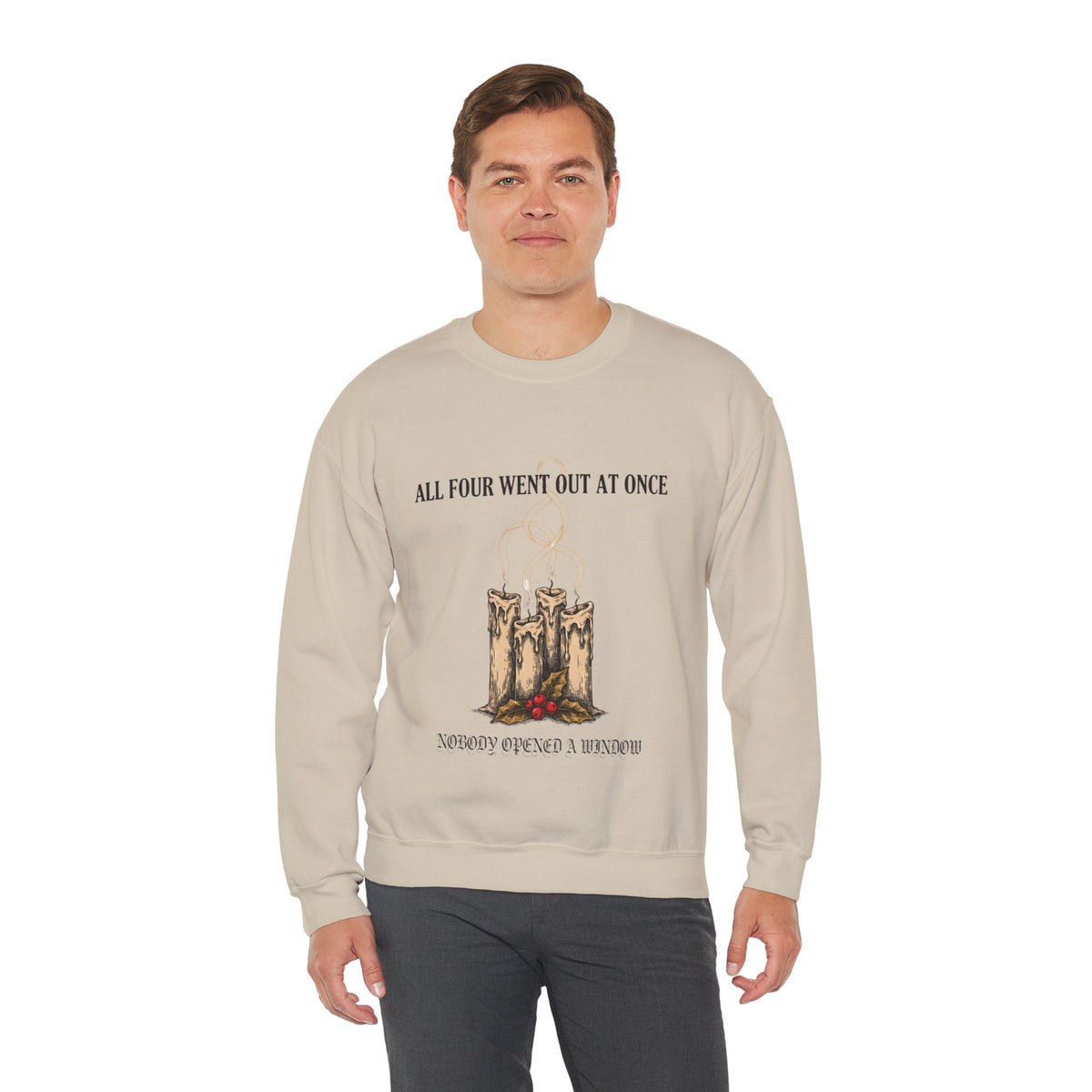 Extinguished Candles Sweatshirt, Goth Christmas, men's fit model by Bamedys