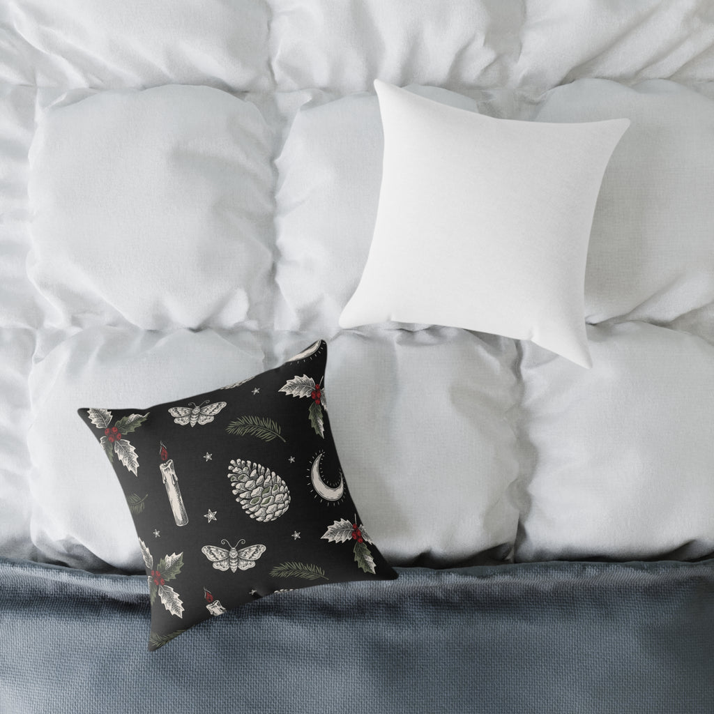 Gothic Christmas Pillow, Black Moth Holly Moon Cushion Gothmas Decor